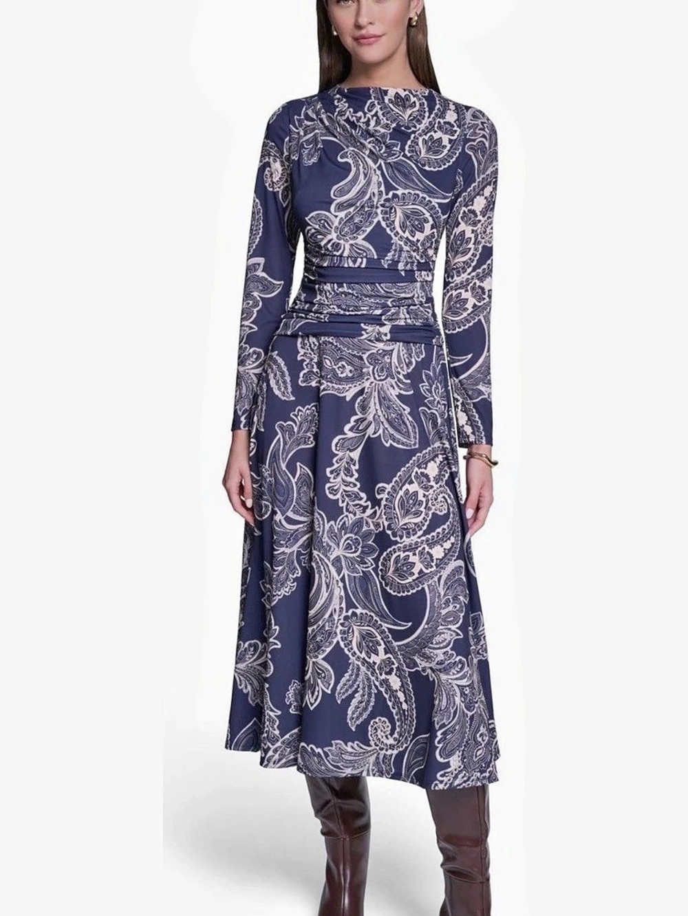 Halston Paisley Midi Dress in Blue & Cream NWT